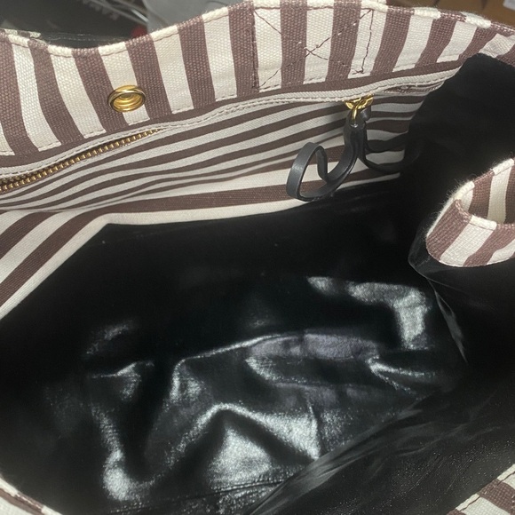 Henri Bendel Striped Canvas Tote Bag Brown White Signature Large - Picture 8 of 15